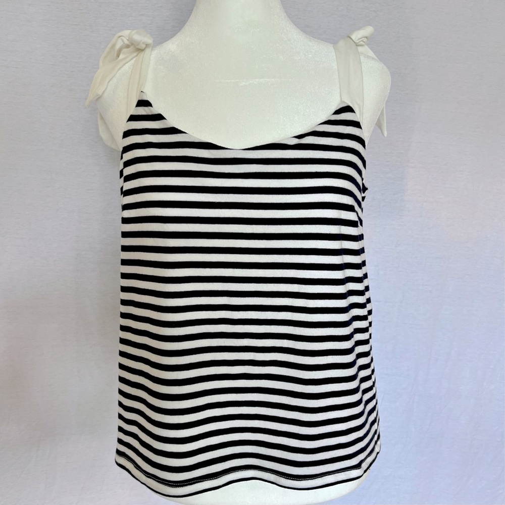J Crew tank top, navy and white stripe, with tie shoulders. Size M.